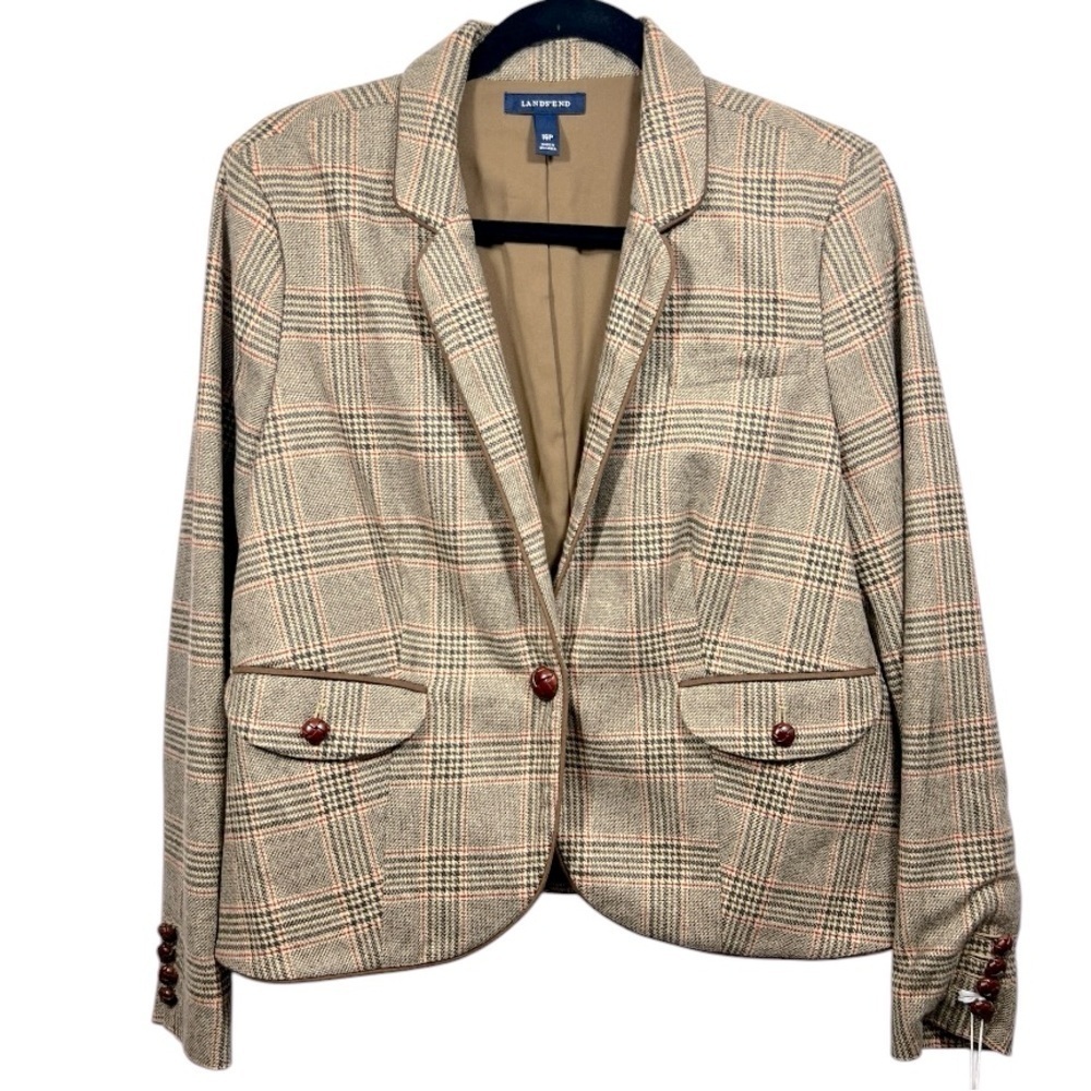 NWOT Land’s End Women's Plaid Single Button Wool Blend Blazer Size 16P Career